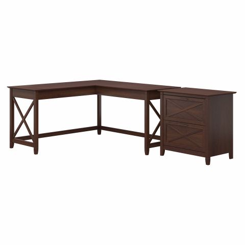 Bush Furniture Key West 60W L Shaped Desk with 2 Drawer Lateral File Cabinet in Bing Cherry-KWS014BC