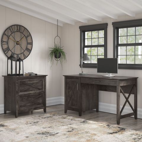 Bush Furniture Key West 54W Computer Desk with Storage and 2 Drawer Lateral File Cabinet in Dark Gray Hickory-KWS008GH