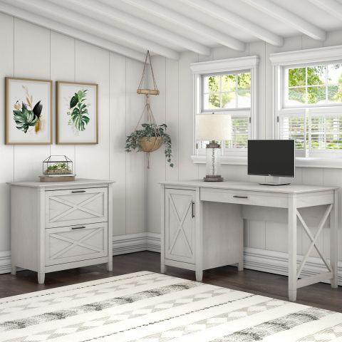 Bush Furniture Key West 54W Computer Desk with Storage and 2 Drawer Lateral File Cabinet in Linen White Oak-KWS008LW