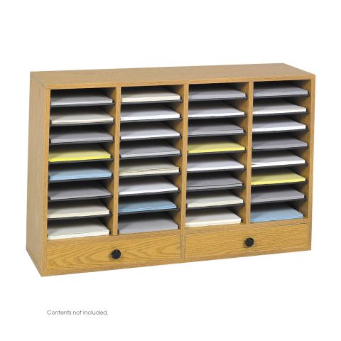 Wood Adjustable Literature Organizer, 32 Compartment w. Drawer - MediumOak - 9494MO