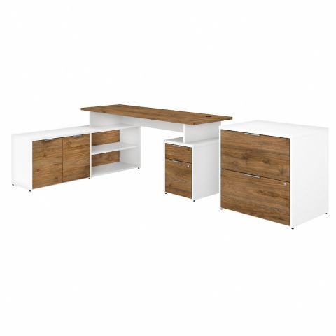 Bush Business Furniture Jamestown 72W L Shaped Desk with Drawers and Lateral File Cabinet in White and Fresh Walnut