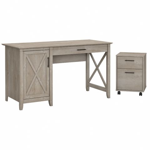 Bush Furniture Key West 54W Computer Desk with Storage and 2 Drawer Mobile File Cabinet in Washed Gray-KWS006WG
