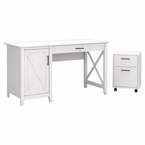 Bush Furniture Key West 54W Computer Desk with Storage and 2 Drawer Mobile File Cabinet in Pure White Oak-KWS006WT