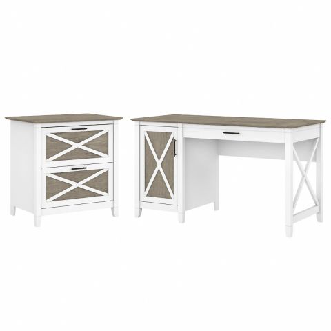 Bush Furniture Key West 54W Computer Desk with Storage and 2 Drawer Lateral File Cabinet in Pure White and Shiplap Gray-KWS008G2W