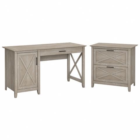 Bush Furniture Key West 54W Computer Desk with Storage and 2 Drawer Lateral File Cabinet in Washed Gray-KWS008WG