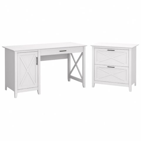 Bush Furniture Key West 54W Computer Desk with Storage and 2 Drawer Lateral File Cabinet in Pure White Oak-KWS008WT