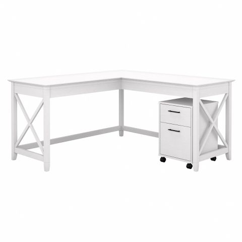Bush Furniture Key West 60W L Shaped Desk with 2 Drawer Mobile File Cabinet in Pure White Oak-KWS013WT