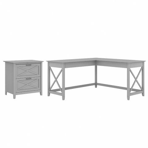 Bush Furniture Key West 60W L Shaped Desk with 2 Drawer Lateral File Cabinet in Cape Cod Gray-KWS014CG