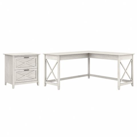 Bush Furniture Key West 60W L Shaped Desk with 2 Drawer Lateral File Cabinet in Linen White Oak-KWS014LW