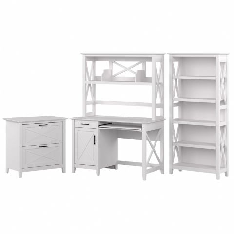 Bush Furniture Key West 48W Small Computer Desk with Hutch, Bookcase and Lateral File Cabinet in Pure White Oak-KWS051WT