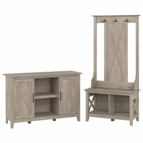 Bush Furniture Key West Entryway Storage Set with Hall Tree, Shoe Bench and 2 Door Cabinet in Washed Gray-KWS054WG
