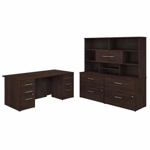 Bush Business Furniture Office 500 72W x 36D Executive Desk with Drawers, Lateral File Cabinets and Hutch in Black Walnut